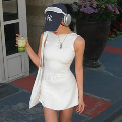 White Sexy Backless Sleeveless Bodycon 2024 Fashion Solid Basic O neck Slim Party Casual Clothing Mini Dress