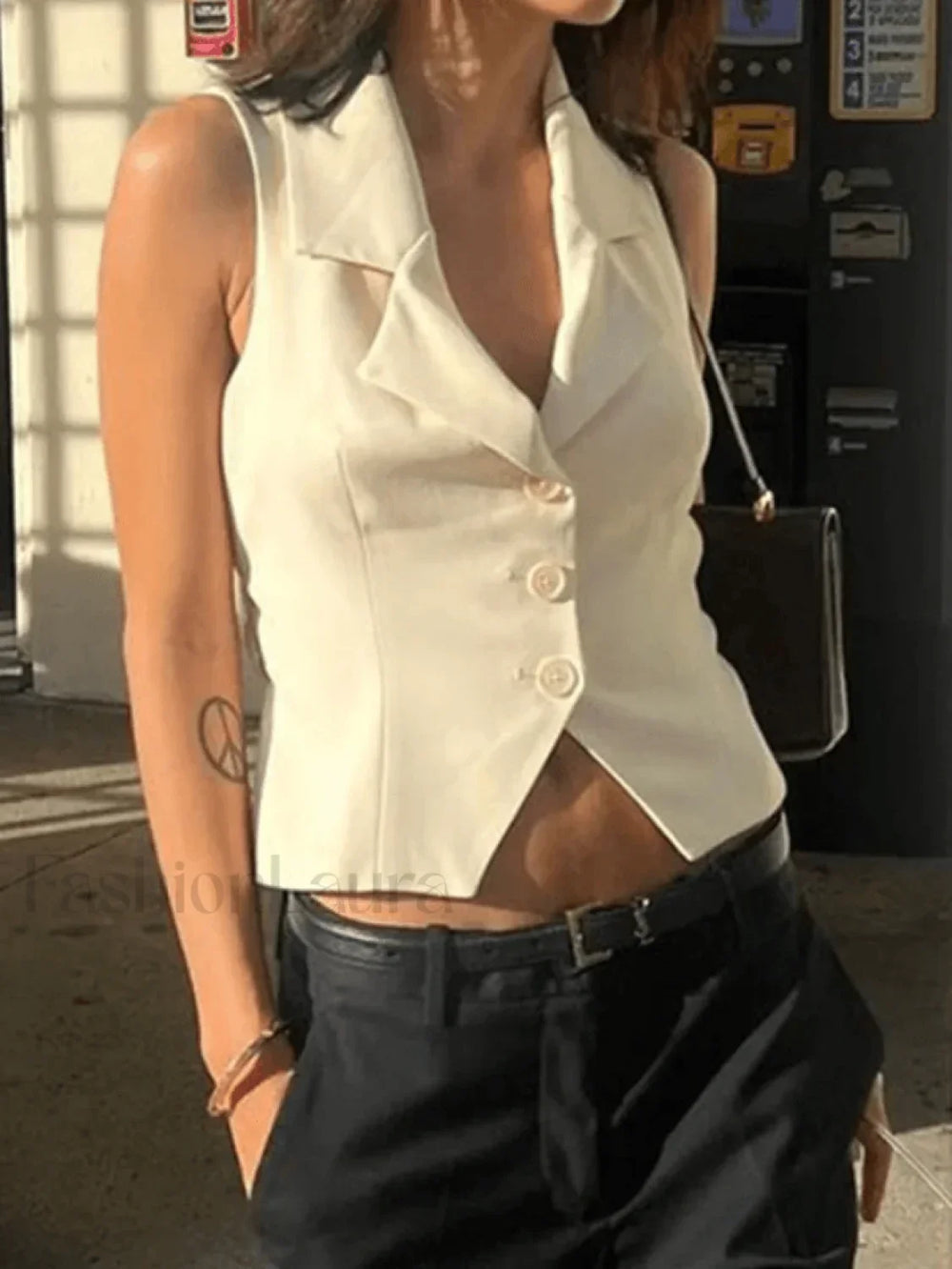 White Sleeveless Button Front Blouse Tops&Tees