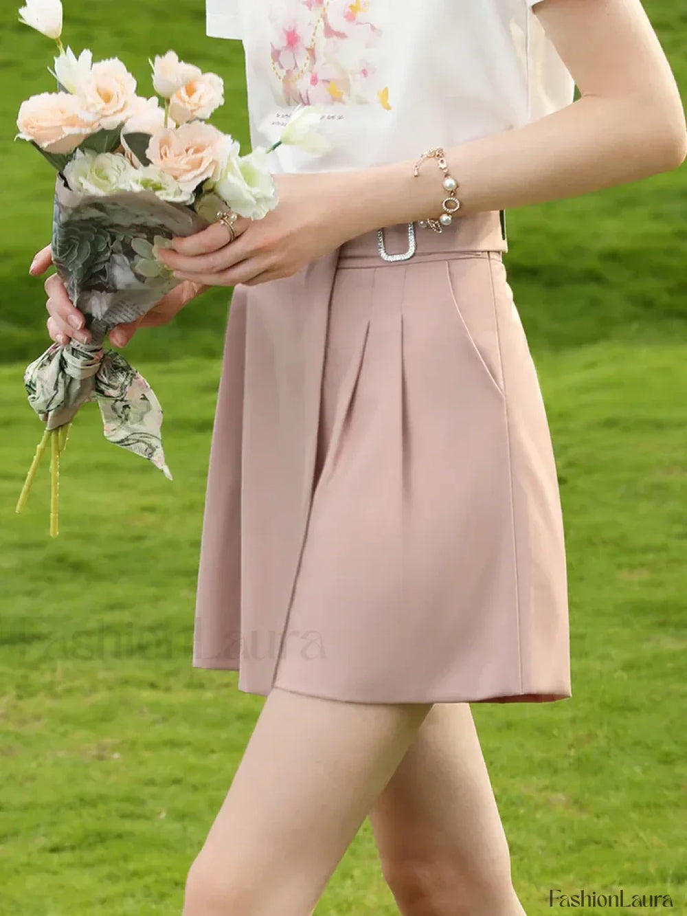 Wide Leg Straight Pink High Elastic Waist Short