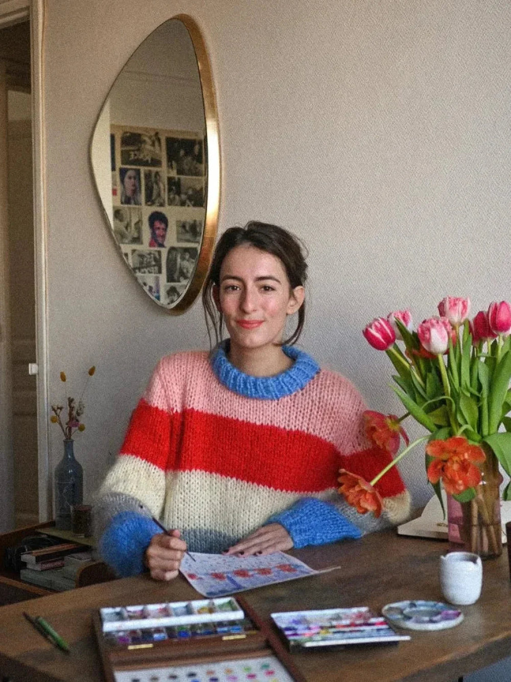 Women Elegant Colorful Striped Knitted Pullover Casual Long Sleeve Loose Sweater Sweaters L