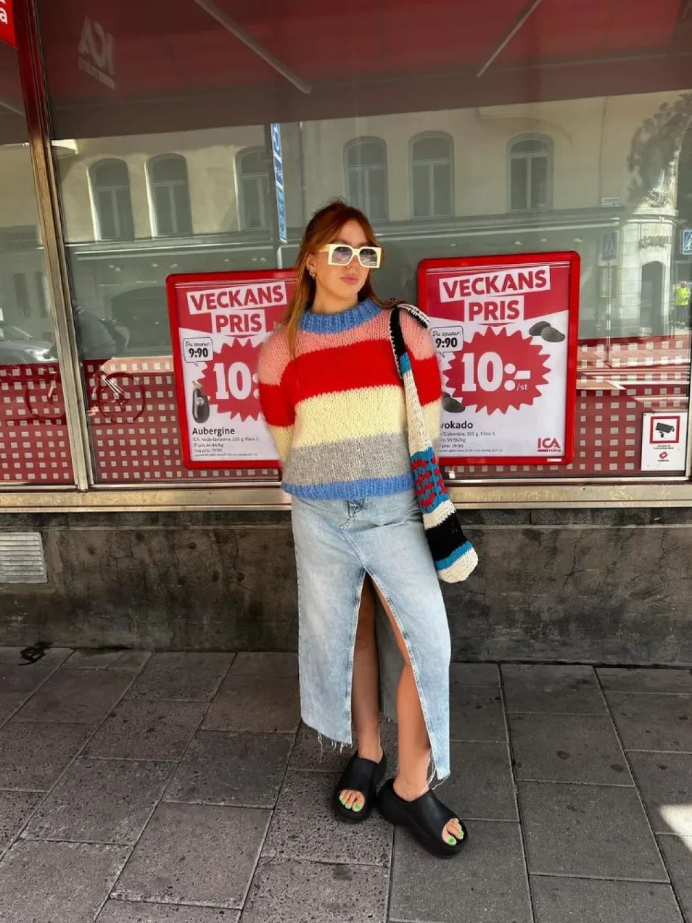 Women Elegant Colorful Striped Knitted Pullover Casual Long Sleeve Loose Sweater Sweaters L