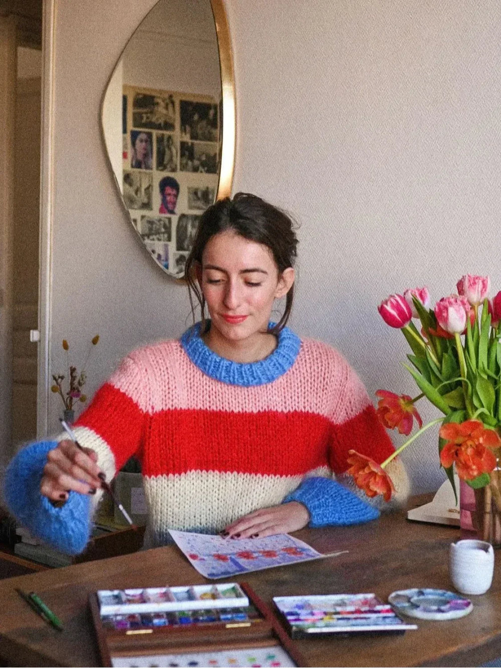 Women Elegant Colorful Striped Knitted Pullover Casual Long Sleeve Loose Sweater Sweaters L