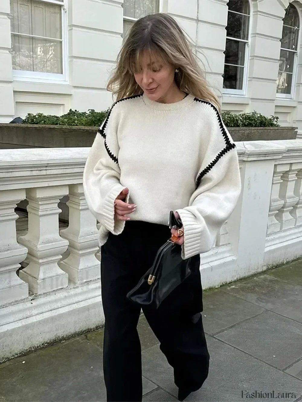 Women Elegant Contrast O Neck Knitted Casual Long Sleeve Loose Sweater Sweaters L