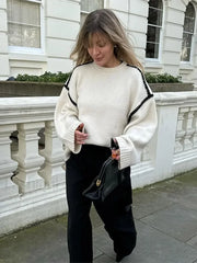 Women Elegant Contrast O Neck Knitted Casual Long Sleeve Loose Sweater Sweaters L