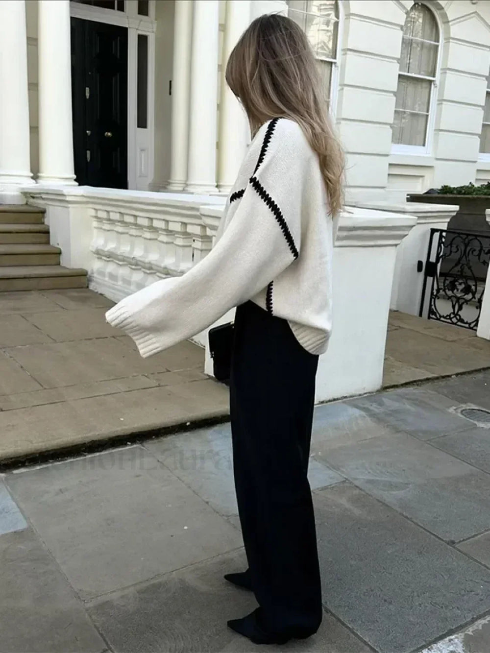 Women Elegant Contrast O Neck Knitted Casual Long Sleeve Loose Sweater Sweaters L