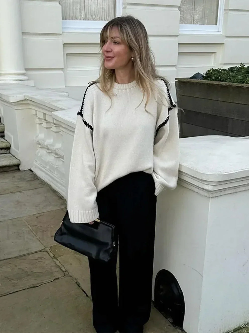 Women Elegant Contrast O Neck Knitted Casual Long Sleeve Loose Sweater Sweaters L