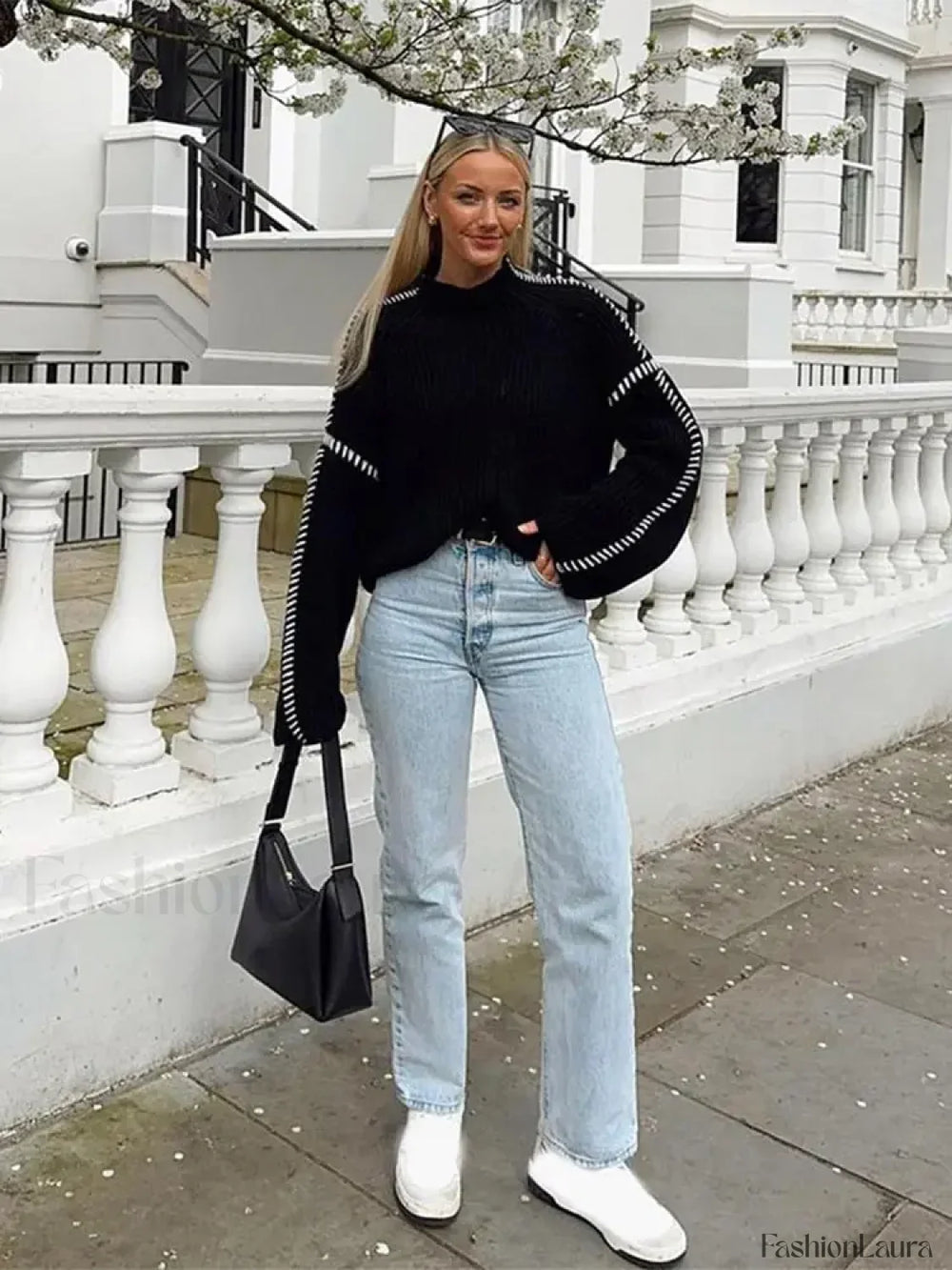 Women Elegant Contrast Stitching Knitted Pullover Casual Loose Turtleneck Long Sleeves Sweater Sweaters L