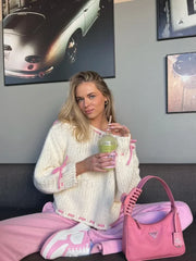 Women Elegant Solid Contrast Suture Knitted Pullover Fashion Round Neck Long Sleeve Loose Sweater Sweaters L