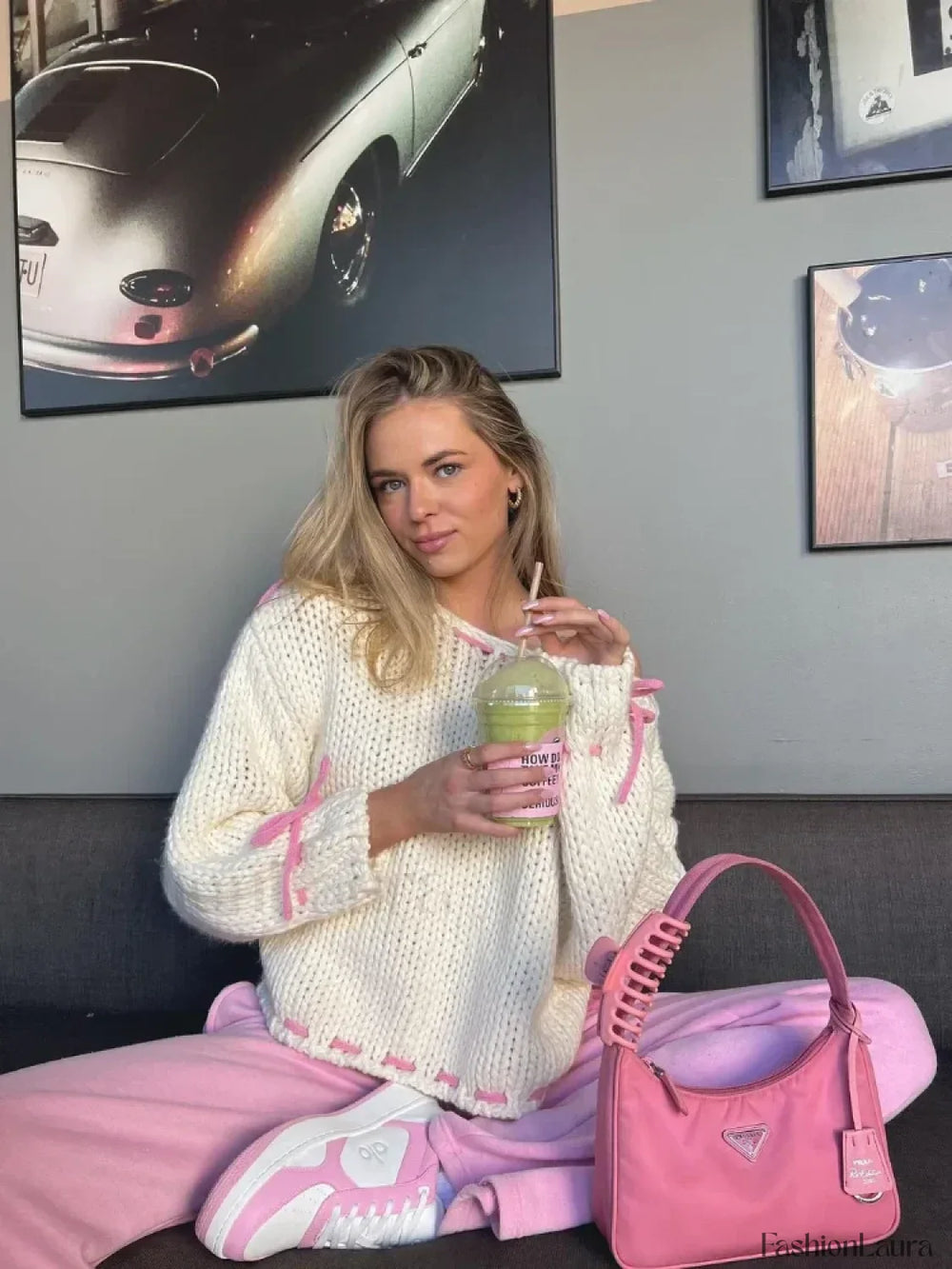 Women Elegant Solid Contrast Suture Knitted Pullover Fashion Round Neck Long Sleeve Loose Sweater Sweaters L