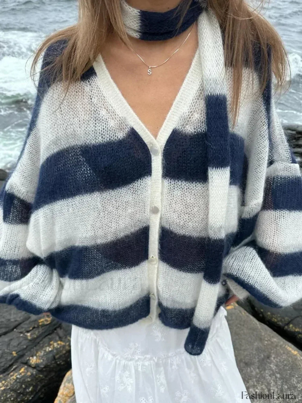 Women Fashion Contrast Striped Knitted Cardigan With Scarf Elegant V Neck Sweater Stripes / S Sweaters L