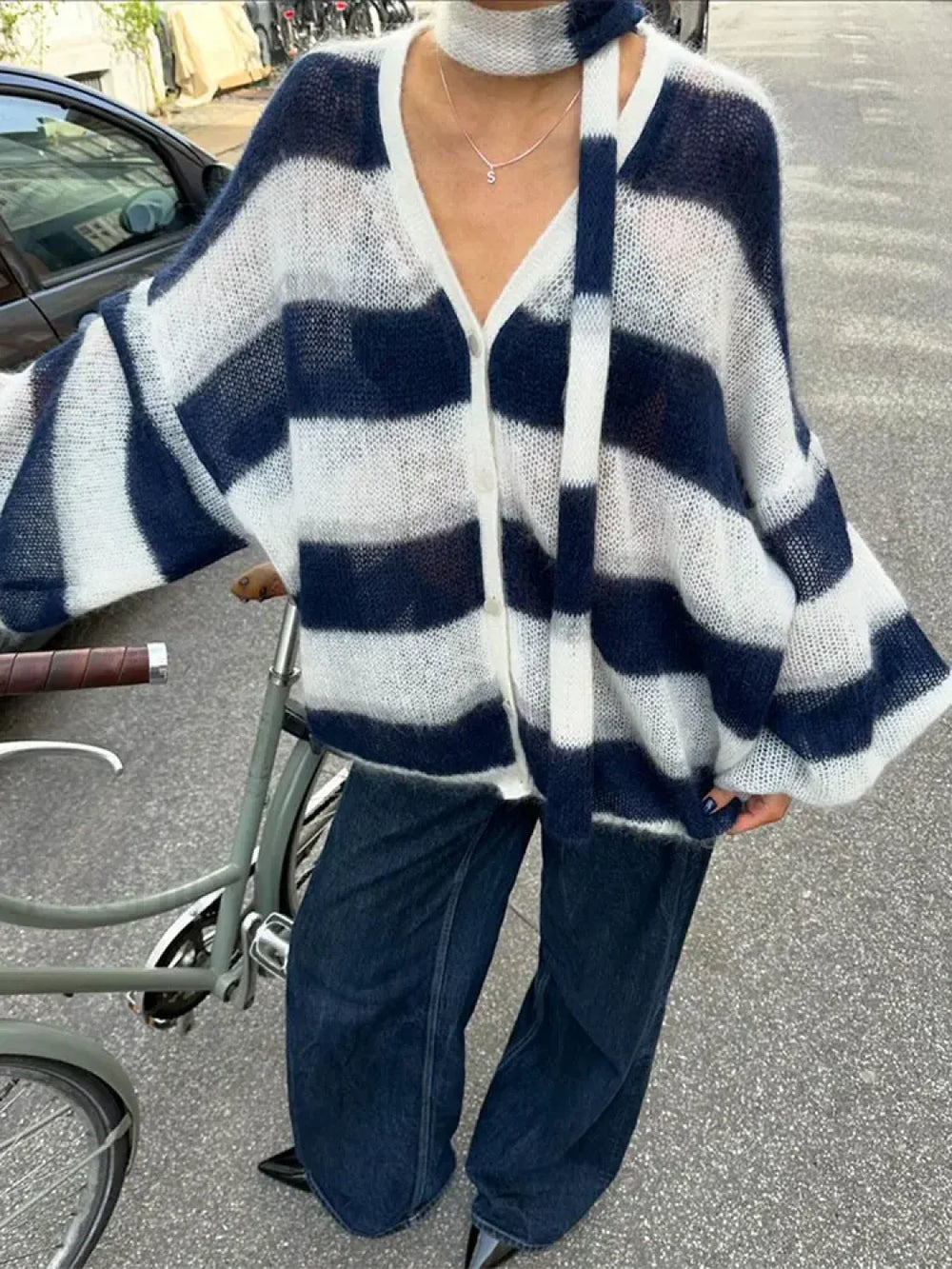 Women Fashion Contrast Striped Knitted Cardigan With Scarf Elegant V Neck Sweater Sweaters L