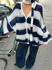 Women Fashion Contrast Striped Knitted Cardigan With Scarf Elegant V Neck Sweater Sweaters L