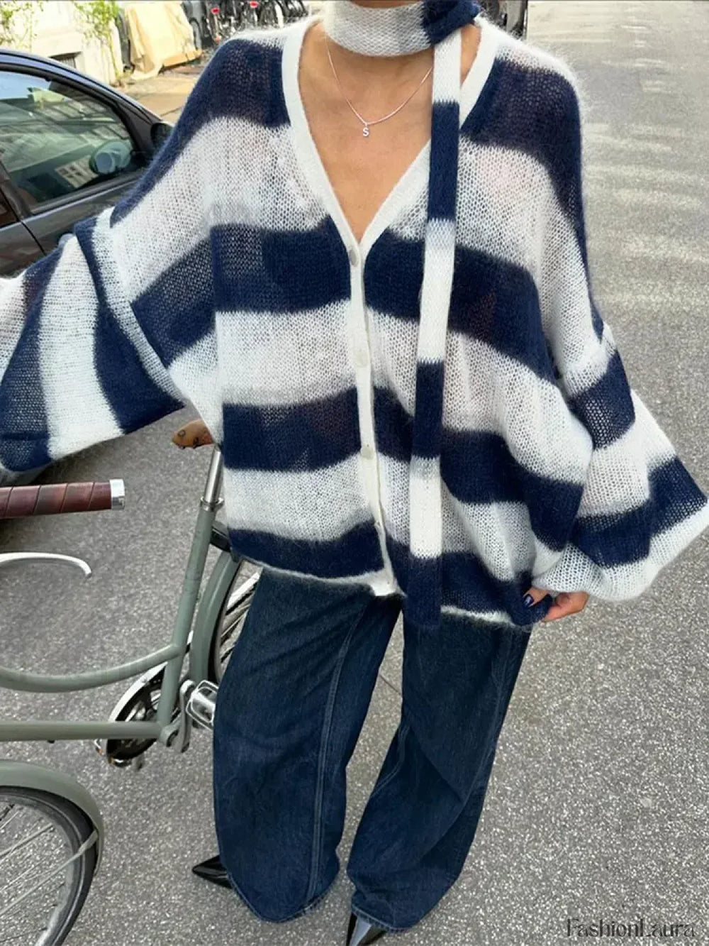 Women Fashion Contrast Striped Knitted Cardigan With Scarf Elegant V Neck Sweater Sweaters L