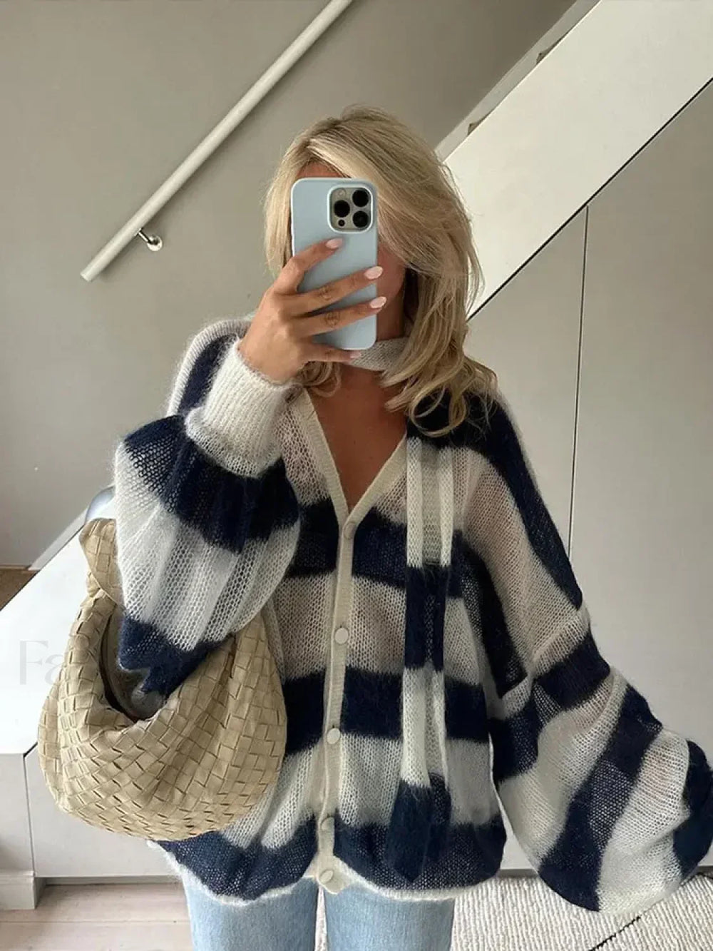Women Fashion Contrast Striped Knitted Cardigan With Scarf Elegant V Neck Sweater Sweaters L