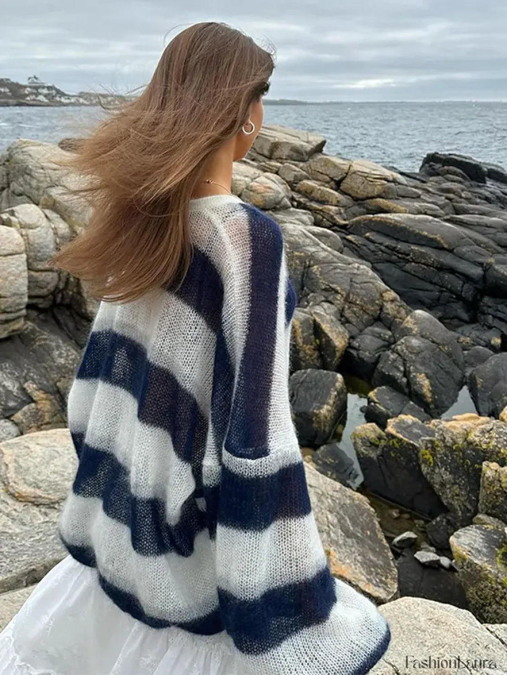 Women Fashion Contrast Striped Knitted Cardigan With Scarf Elegant V Neck Sweater Sweaters L