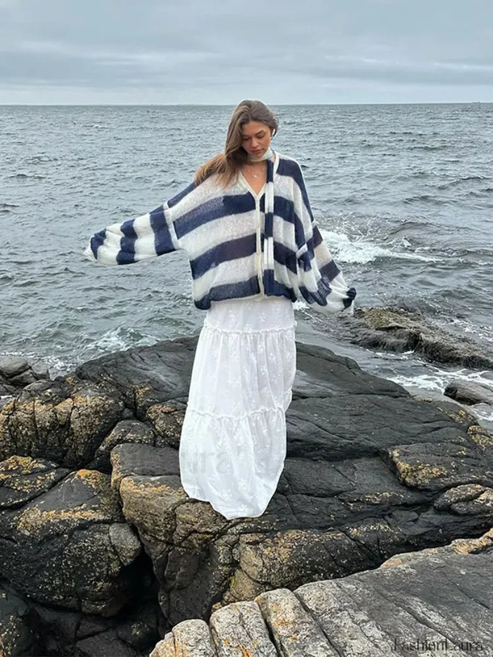 Women Fashion Contrast Striped Knitted Cardigan With Scarf Elegant V Neck Sweater Sweaters L