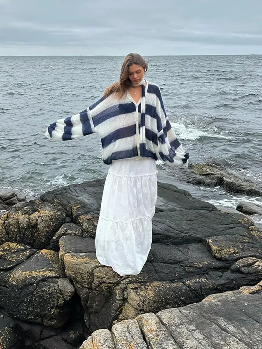 Women Fashion Contrast Striped Knitted Cardigan With Scarf Elegant V Neck Sweater Sweaters L