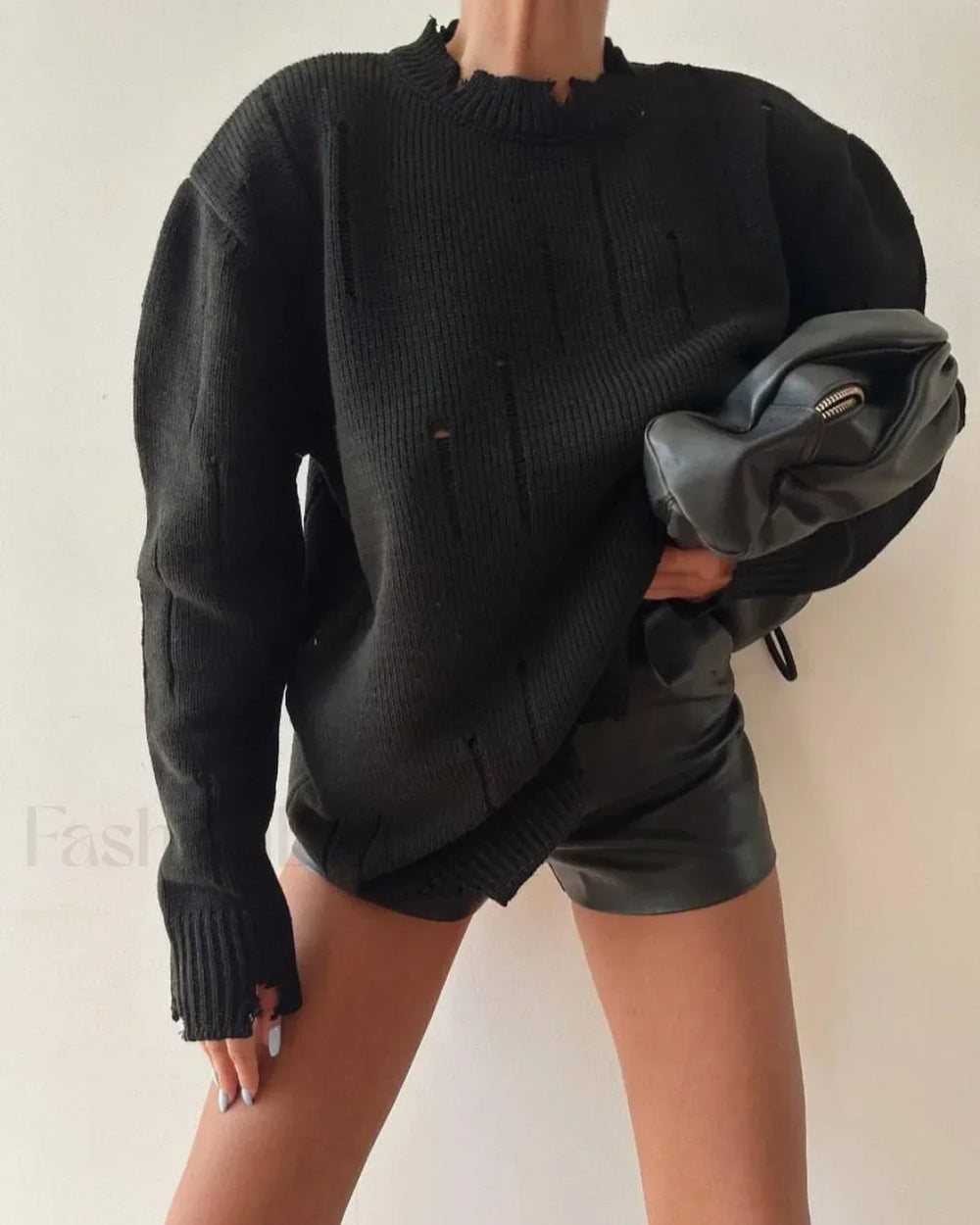 Women Knitted Hole Streetwear Long Sleeve Vintage Harajuku Y2K Pullover Coat Loose Sweater BLACK / S Sweaters L