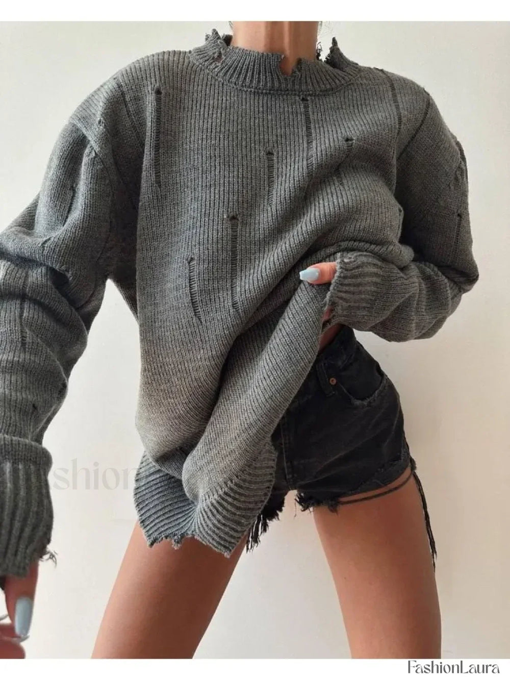 Women Knitted Hole Streetwear Long Sleeve Vintage Harajuku Y2K Pullover Coat Loose Sweater Sweaters L