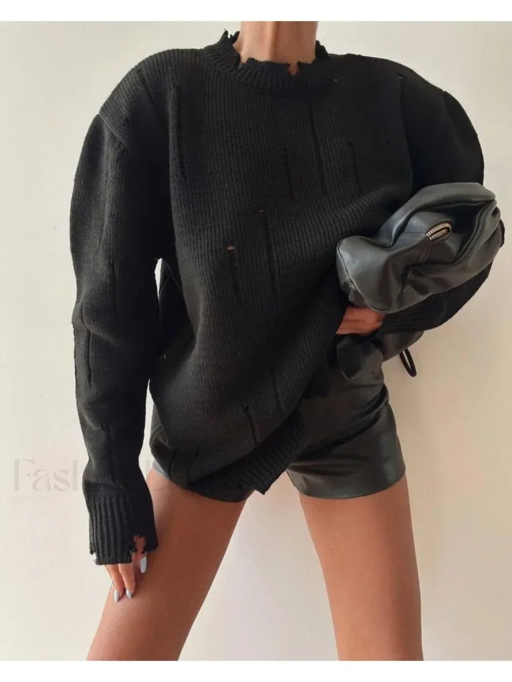 Women Knitted Hole Streetwear Long Sleeve Vintage Harajuku Y2K Pullover Coat Loose Sweater Sweaters L