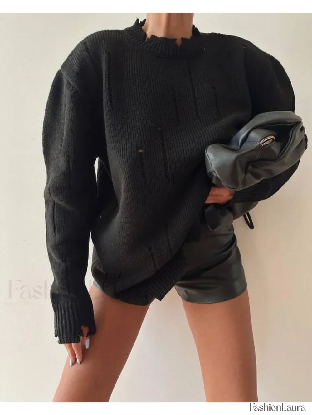 Women Knitted Hole Streetwear Long Sleeve Vintage Harajuku Y2K Pullover Coat Loose Sweater Sweaters L