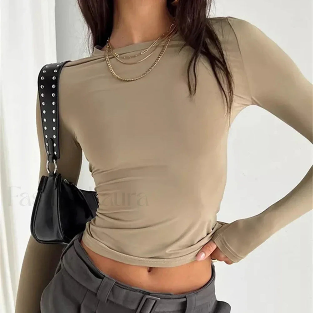 Women Long Sleeve Solid Slim Fit Casual Crop Top