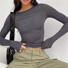Women Long Sleeve Solid Slim Fit Casual Crop Top