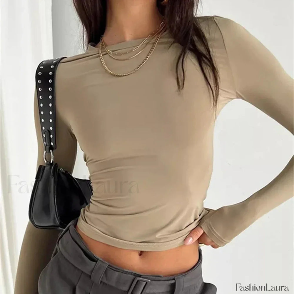 Women Long Sleeve Solid Slim Fit Casual Crop Top