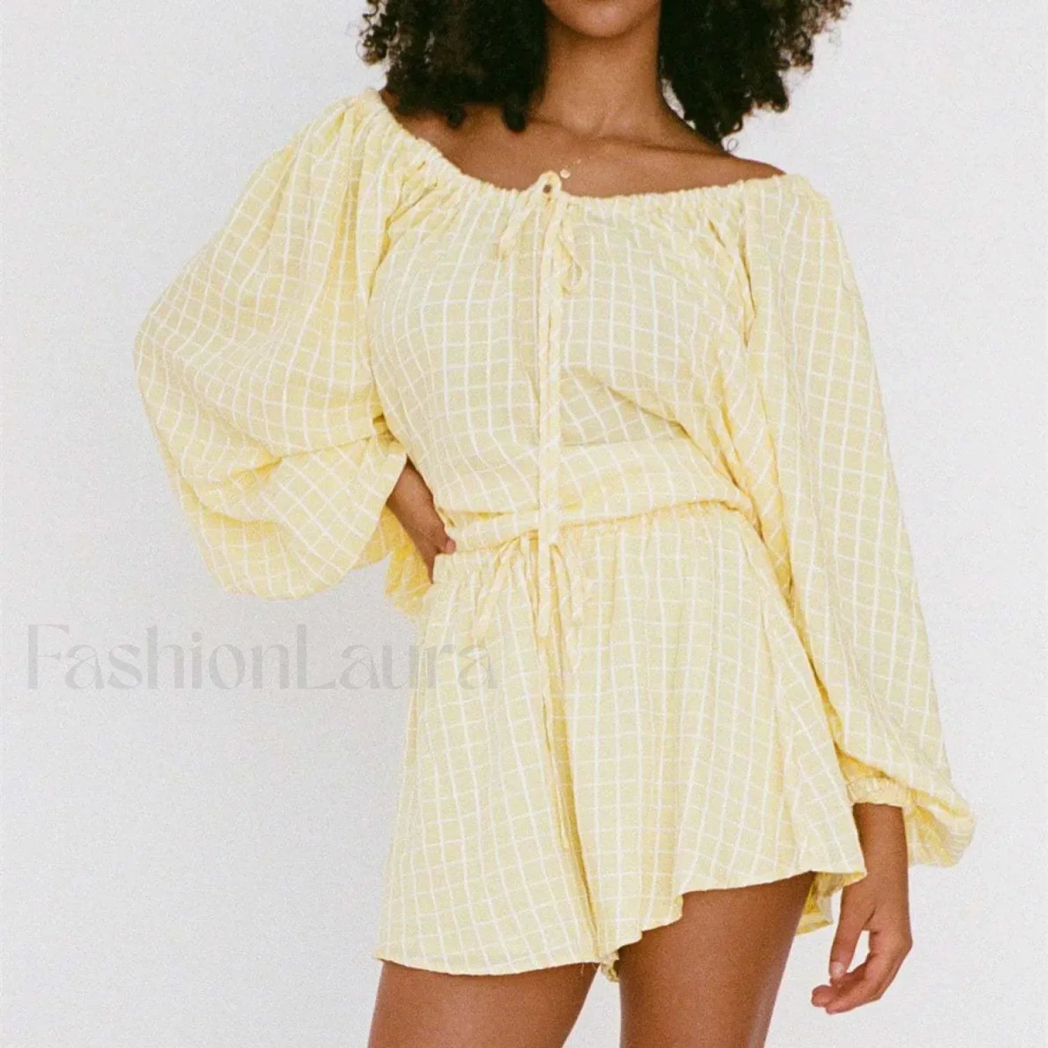 Women Plaid Tie up T shirt Elastic Waist Shorts Two Piece Set