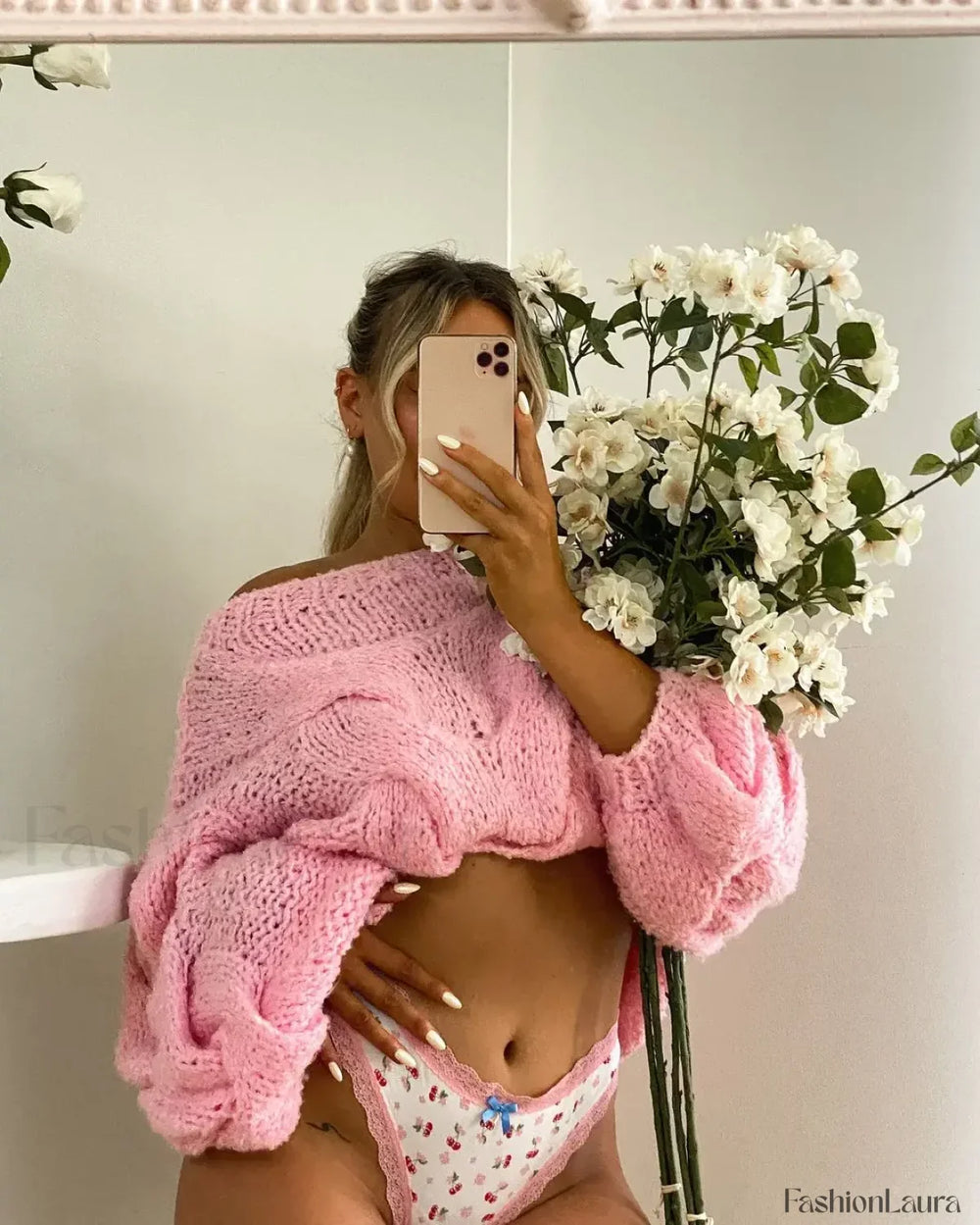 Women Solid Hollow Out Short Knitted Elegant Round Neck Long Sleeves Loose Sweater Pink / S Sweaters L