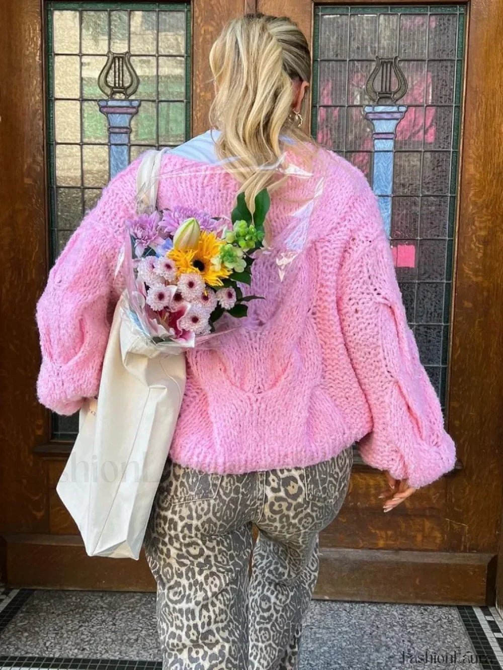 Women Solid Hollow Out Short Knitted Elegant Round Neck Long Sleeves Loose Sweater Sweaters L