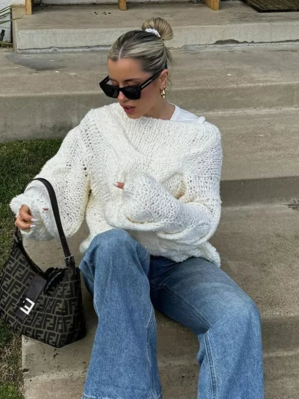 Women Solid Hollow Out Short Knitted Elegant Round Neck Long Sleeves Loose Sweater Sweaters L