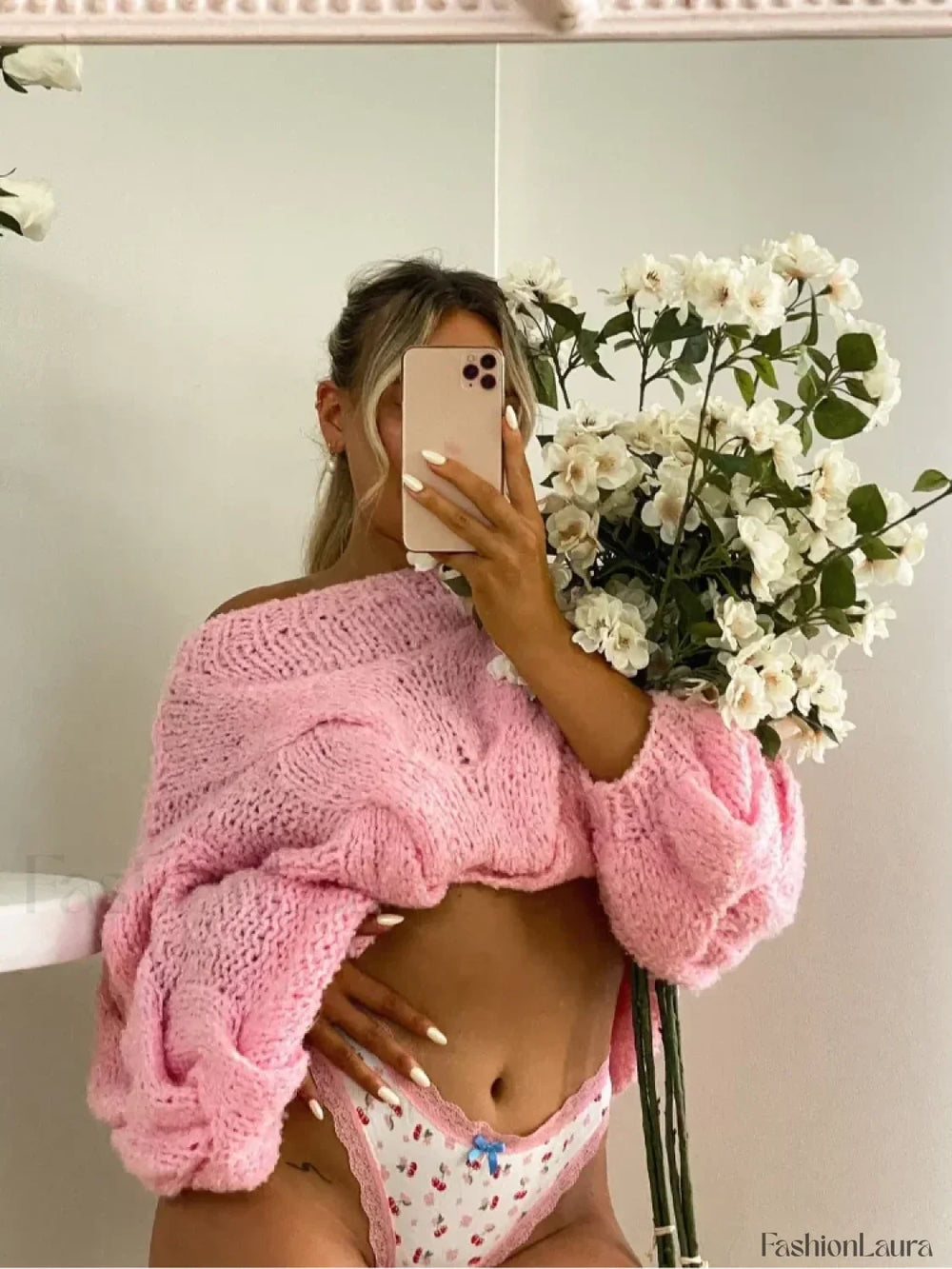 Women Solid Hollow Out Short Knitted Elegant Round Neck Long Sleeves Loose Sweater Sweaters L