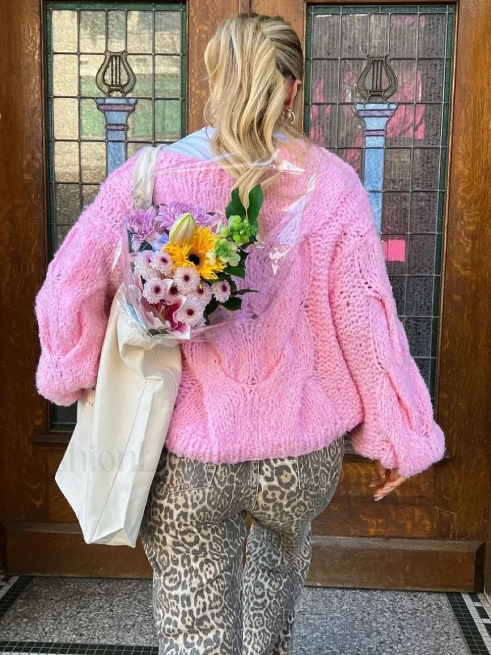 Women Solid Hollow Out Short Knitted Elegant Round Neck Long Sleeves Loose Sweater Sweaters L