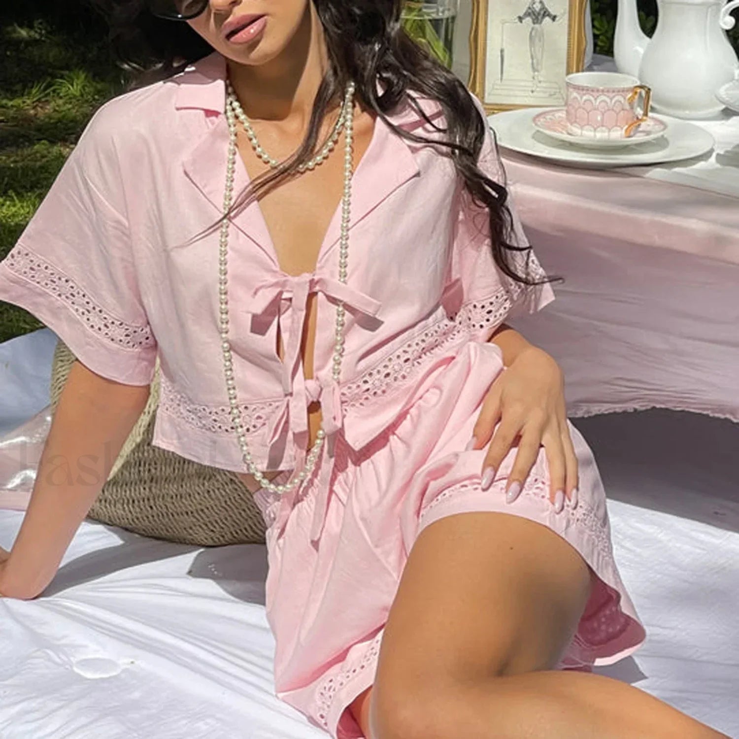 Women Tie Pajama Set V Neck Crop Top Shorts Two Piece Set