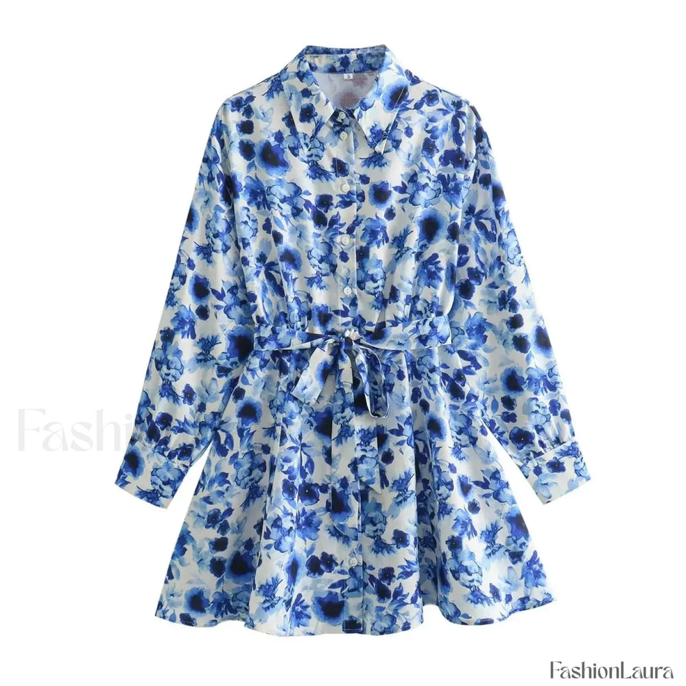 Women’s 2024 Summer New Leisure Vacation Style Waist Lace up Shirt Short Skirt Mini Dress Blue / S