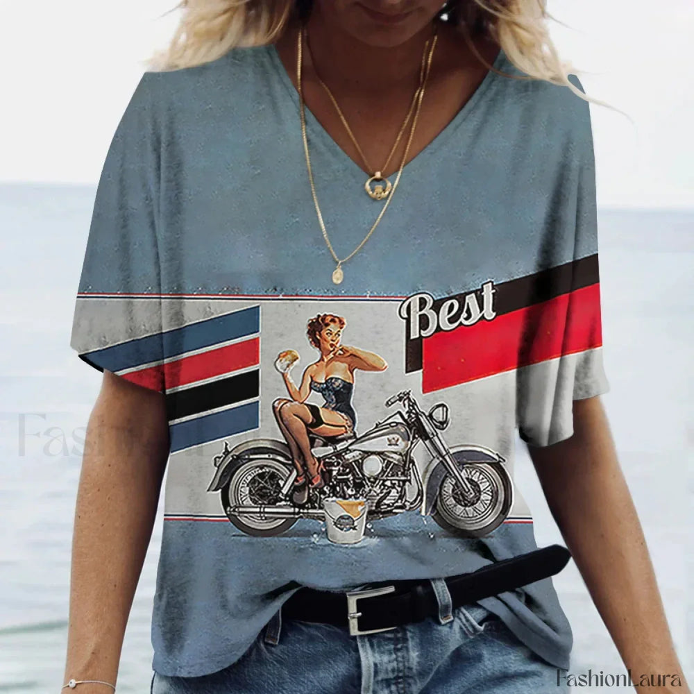 Women’s 3D Printed Casual V neck T Shirt gray / S