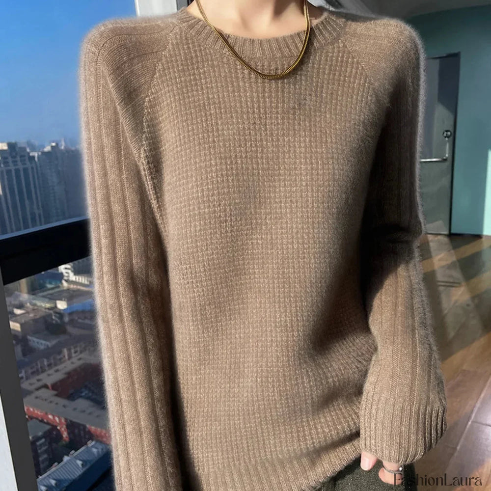 Women’s Autumn Winter O neck Long Sleeve Merino Wool Pullover Padded Cashmere Sweater Sweaters L