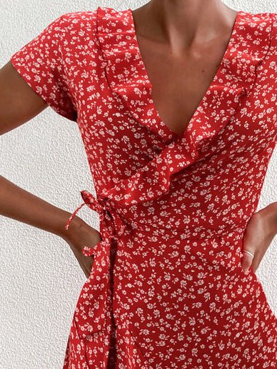 Floral V-Neck Ruffled Lace-Up Dress