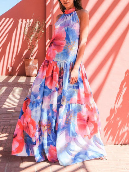 Multicolor Print Halter Neck Sleeveless Dress