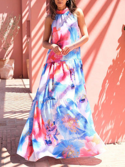 Multicolor Print Halter Neck Sleeveless Dress