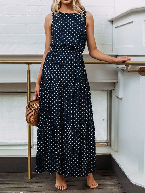 Polka Dot Crew Neck Sleeveless Dress