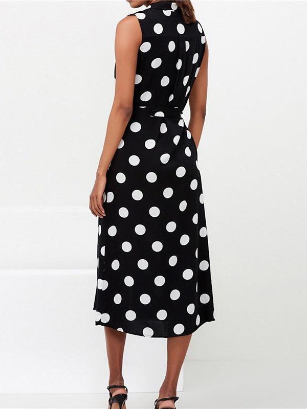 Polka Dot Print Lace-Up Sleeveless Shirt Dress