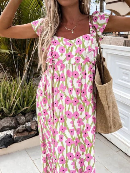 Printed Bare Back Ruffle Sleeve Dress