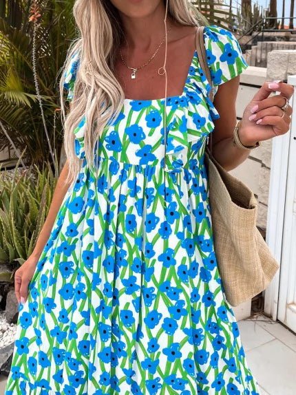 Printed Bare Back Ruffle Sleeve Dress