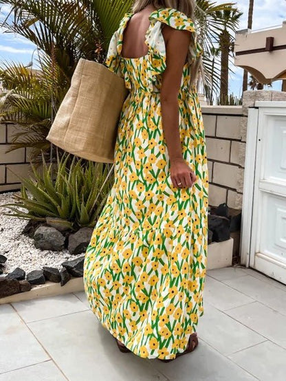 Printed Bare Back Ruffle Sleeve Dress