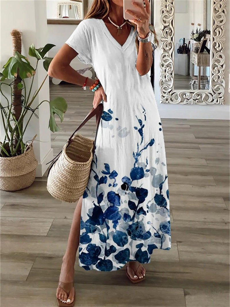 Printed V-Neck Short Sleeve Slit Dress Ins Street