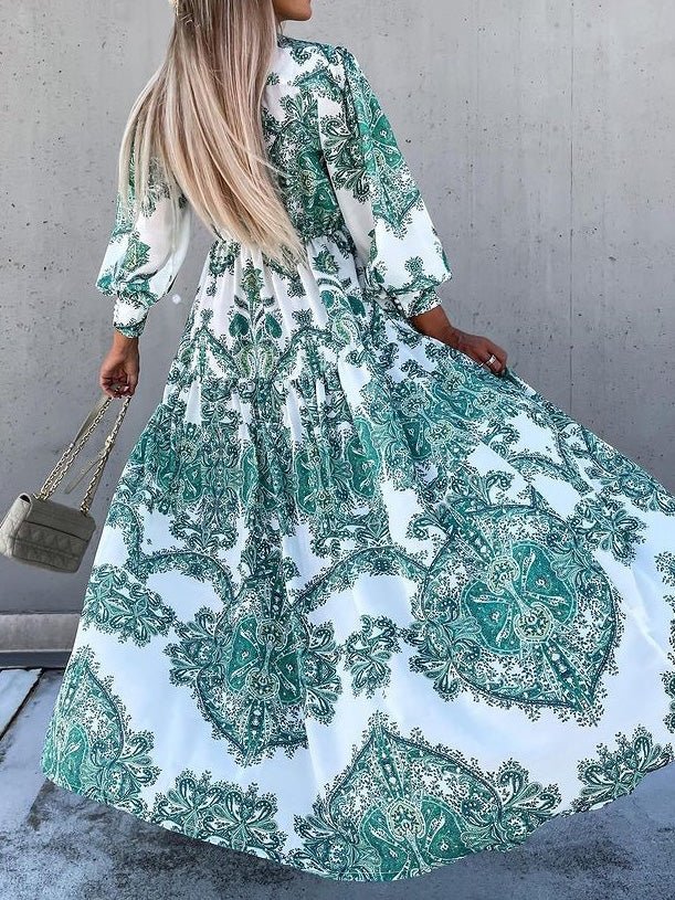Vintage Print Long Sleeve Slit Dress