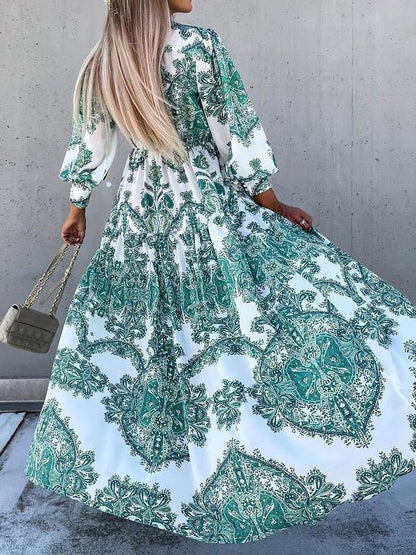 Vintage Print Long Sleeve Slit Dress