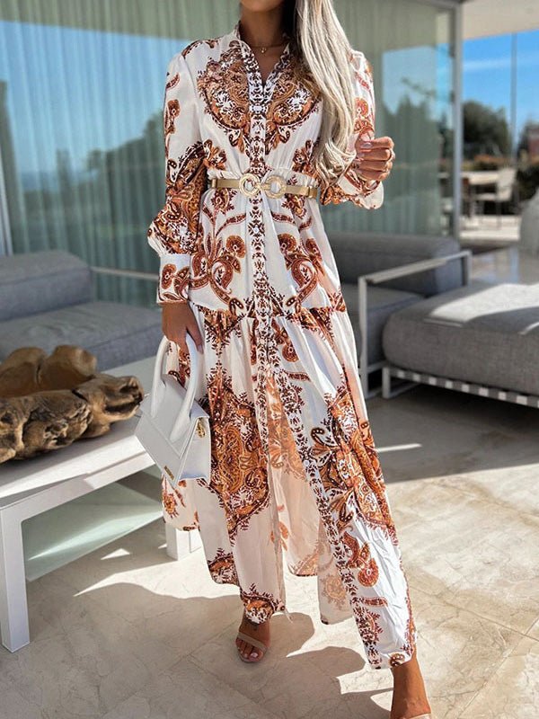 Vintage Print Long Sleeve Slit Dress